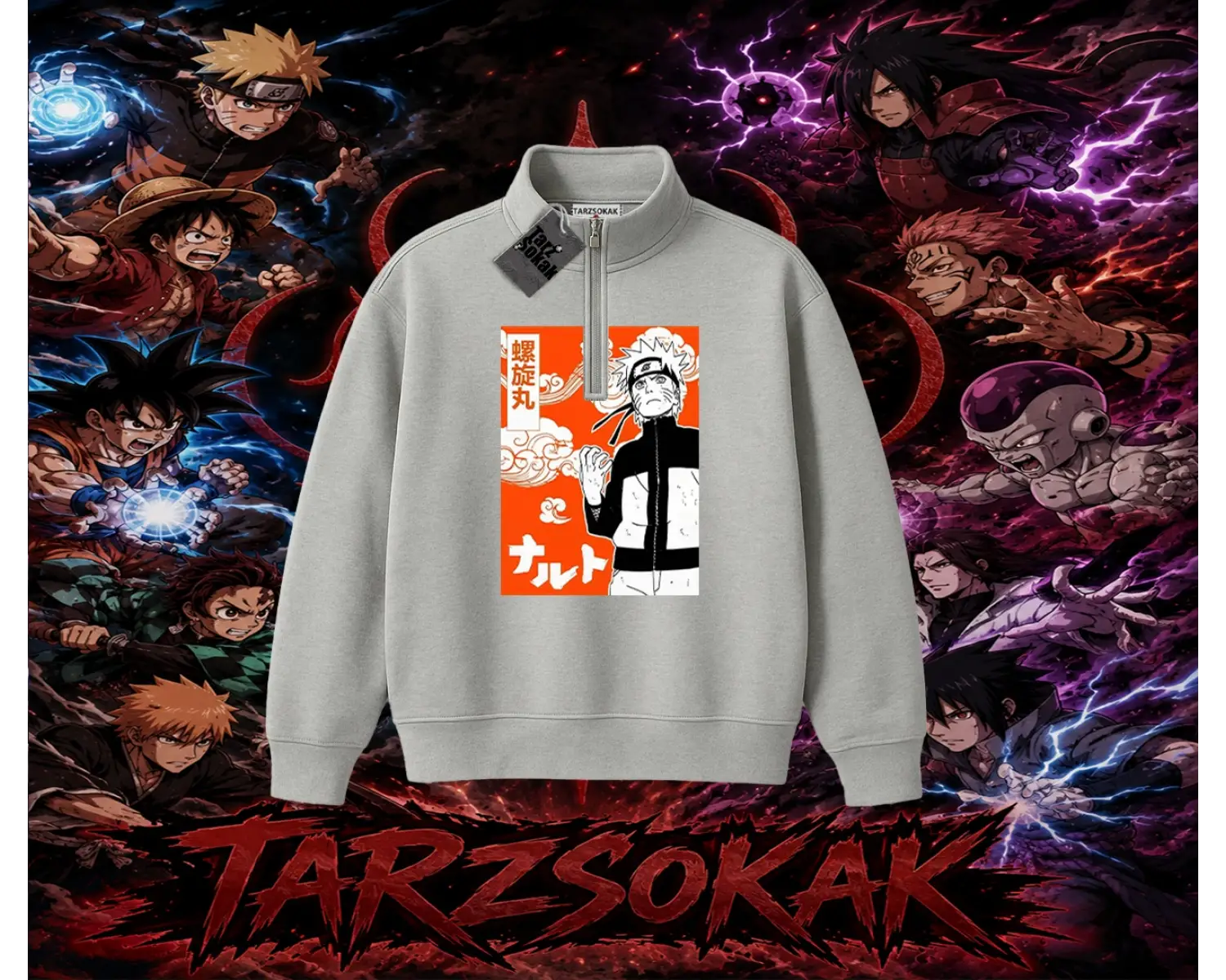 Naruto Uzumaki Premium Anime Unisex Polo Yaka Yarım Fermuarlı Sweatshirt Beyaz