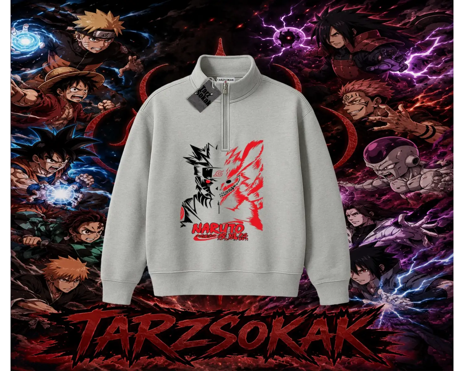 Naruto Uzumaki Premium Anime Unisex Polo Yaka Yarım Fermuarlı Sweatshirt Beyaz