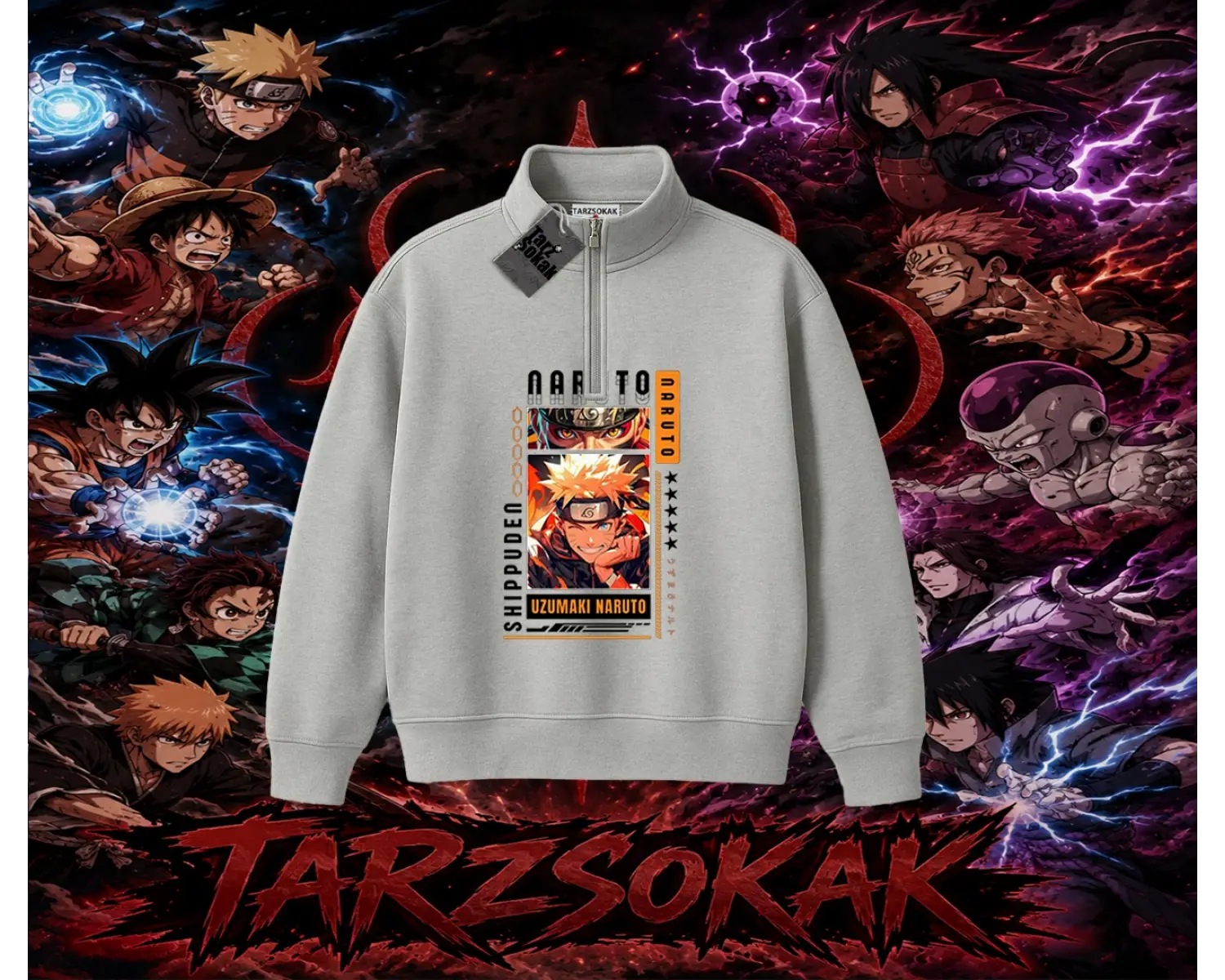 Naruto Uzumaki Premium Anime Unisex Polo Yaka Yarım Fermuarlı Sweatshirt Beyaz