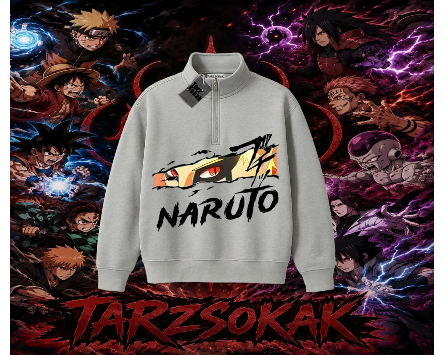 Naruto Uzumaki Premium Anime Unisex Polo Yaka Yarım Fermuarlı Sweatshirt Beyaz