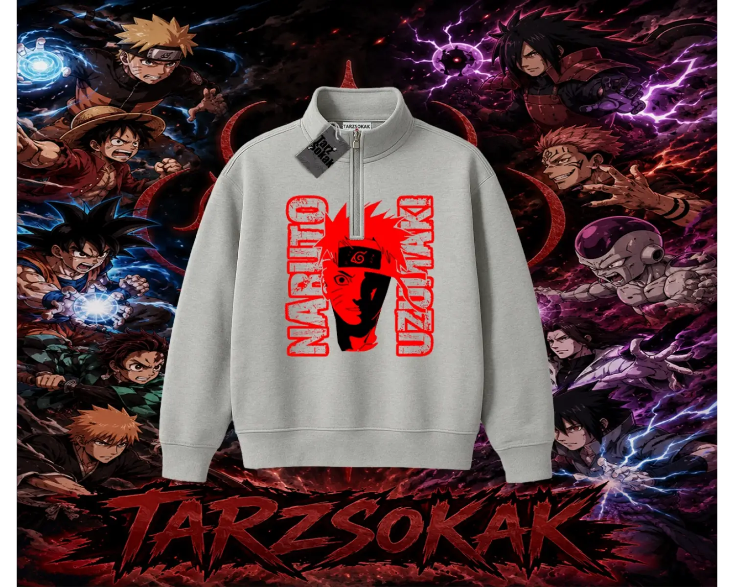 Naruto Uzumaki Premium Anime Unisex Polo Yaka Yarım Fermuarlı Sweatshirt Beyaz
