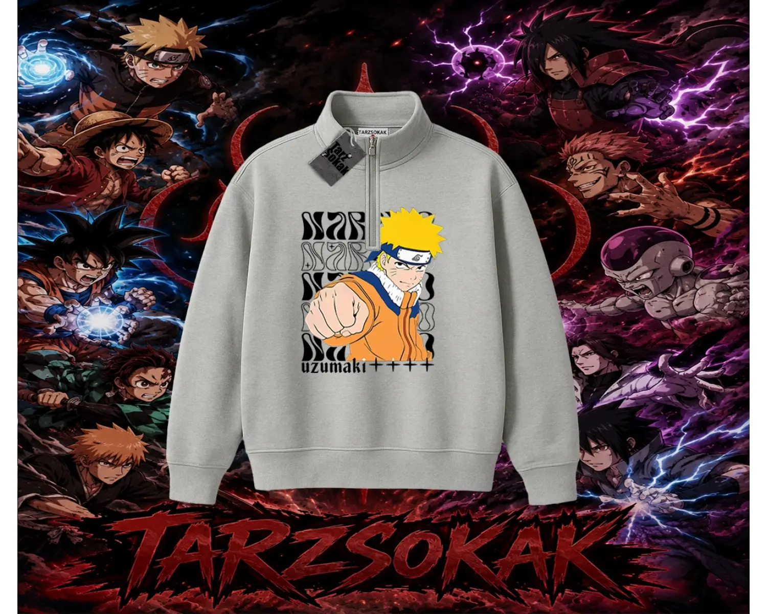Naruto Uzumaki Premium Anime Unisex Polo Yaka Yarım Fermuarlı Sweatshirt Beyaz
