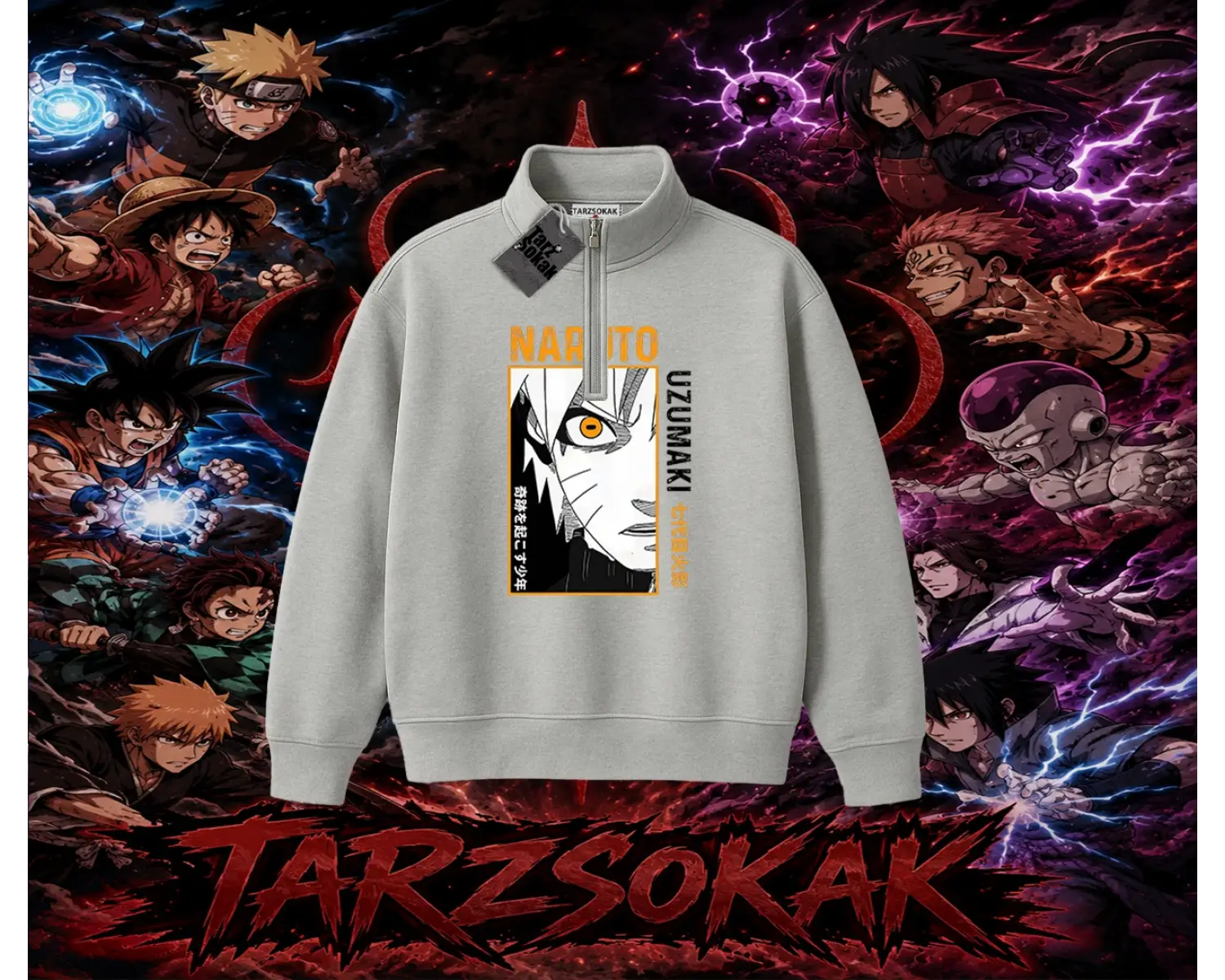 Naruto Uzumaki Premium Anime Unisex Polo Yaka Yarım Fermuarlı Sweatshirt Beyaz