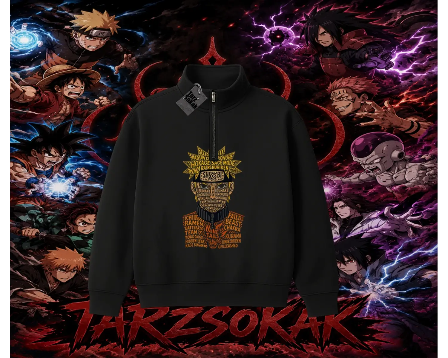 Naruto Uzumaki Premium Anime Unisex Polo Yaka Yarım Fermuarlı Sweatshirt Beyaz