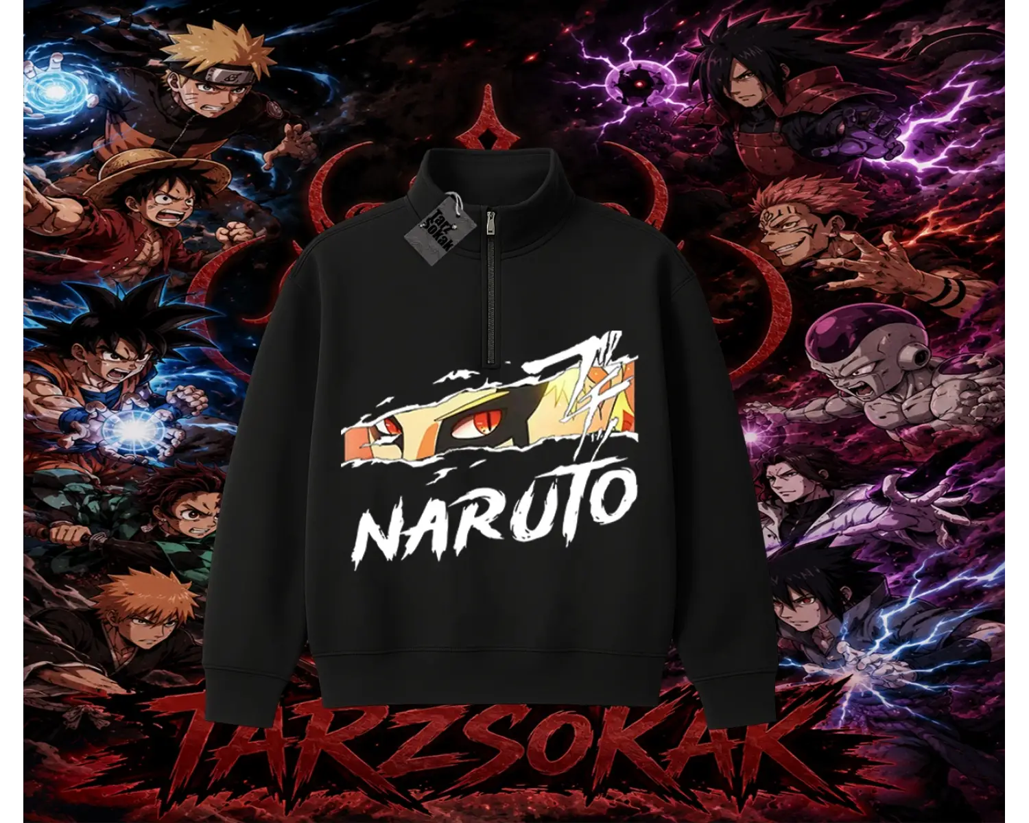 Naruto Uzumaki Premium Anime Unisex Polo Yaka Yarım Fermuarlı Sweatshirt Beyaz