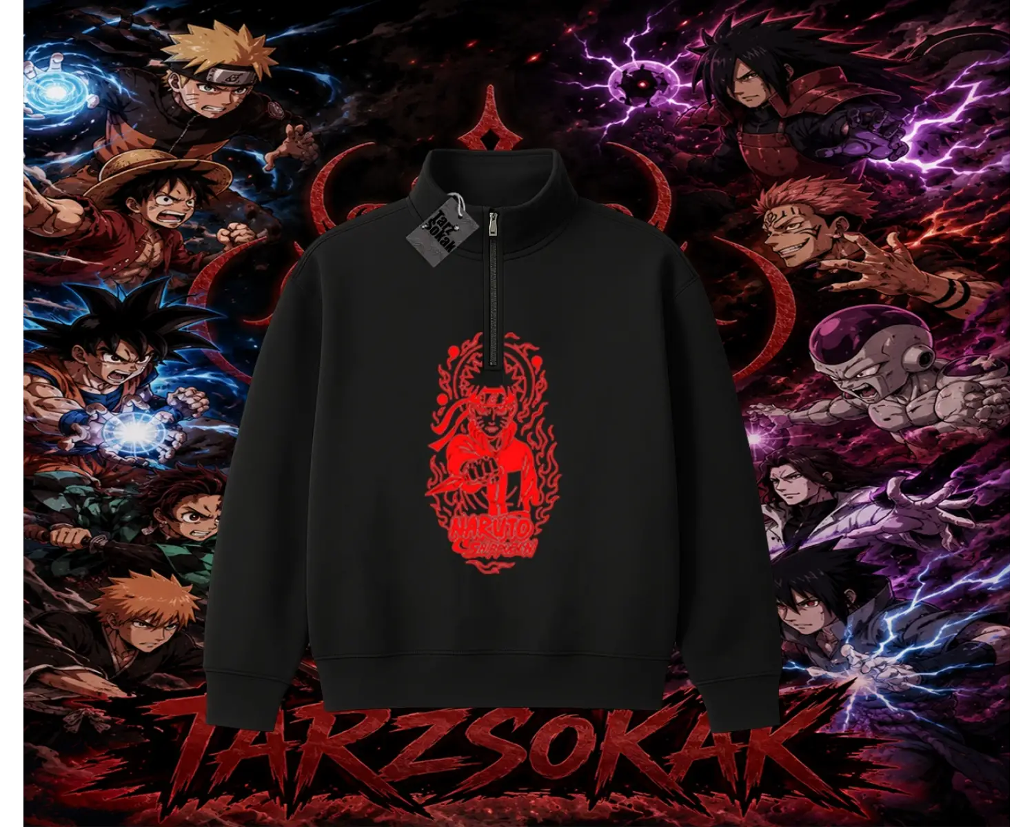 Naruto Uzumaki Premium Anime Unisex Polo Yaka Yarım Fermuarlı Sweatshirt Beyaz