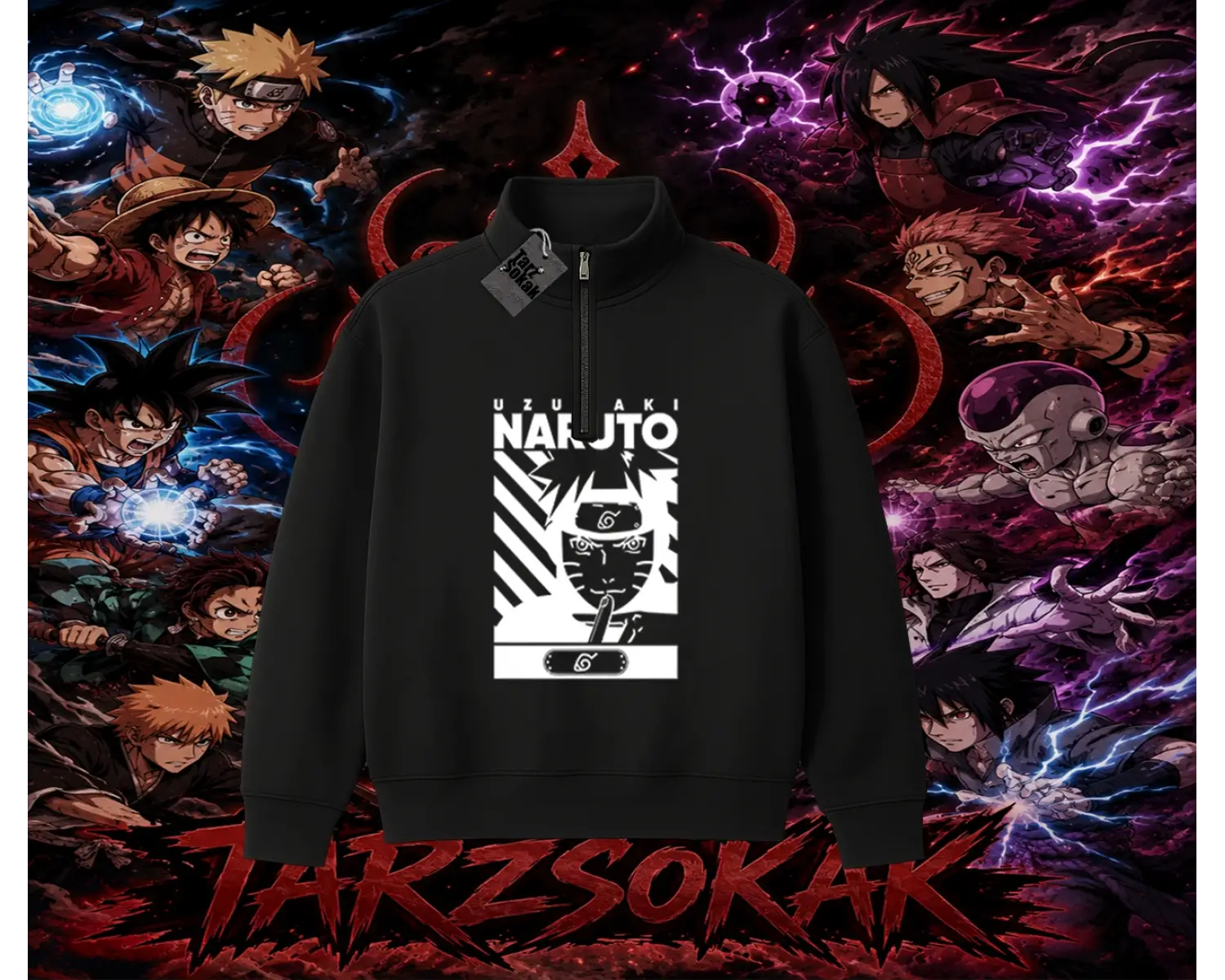 Naruto Uzumaki Premium Anime Unisex Polo Yaka Yarım Fermuarlı Sweatshirt Beyaz