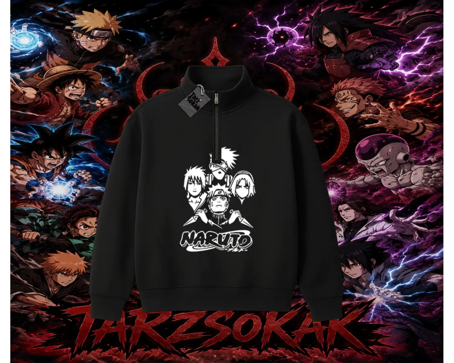 Naruto Uzumaki Premium Anime Unisex Polo Yaka Yarım Fermuarlı Sweatshirt Beyaz