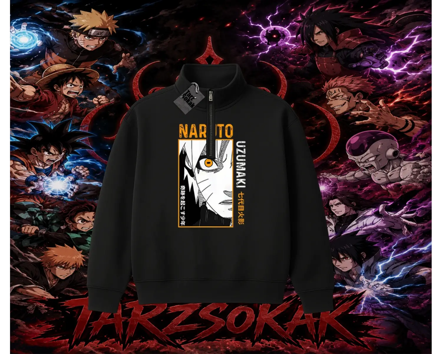 Naruto Uzumaki Premium Anime Unisex Polo Yaka Yarım Fermuarlı Sweatshirt Beyaz