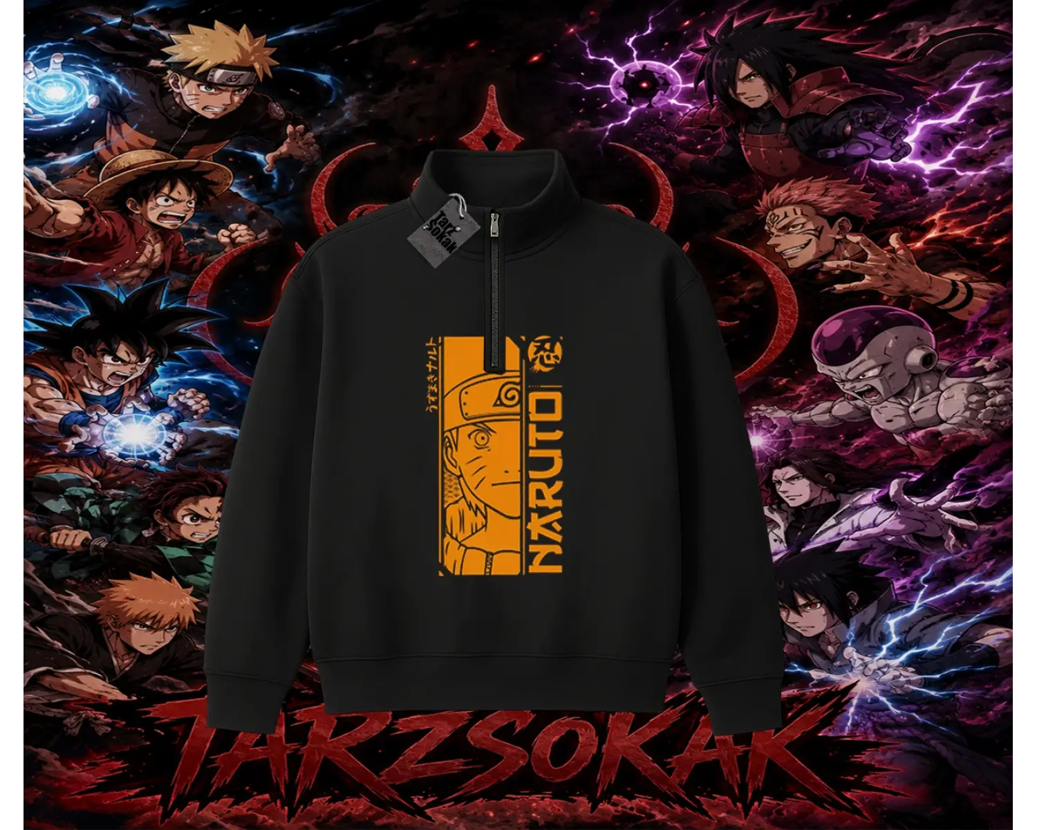 Naruto Uzumaki Premium Anime Unisex Polo Yaka Yarım Fermuarlı Sweatshirt Beyaz