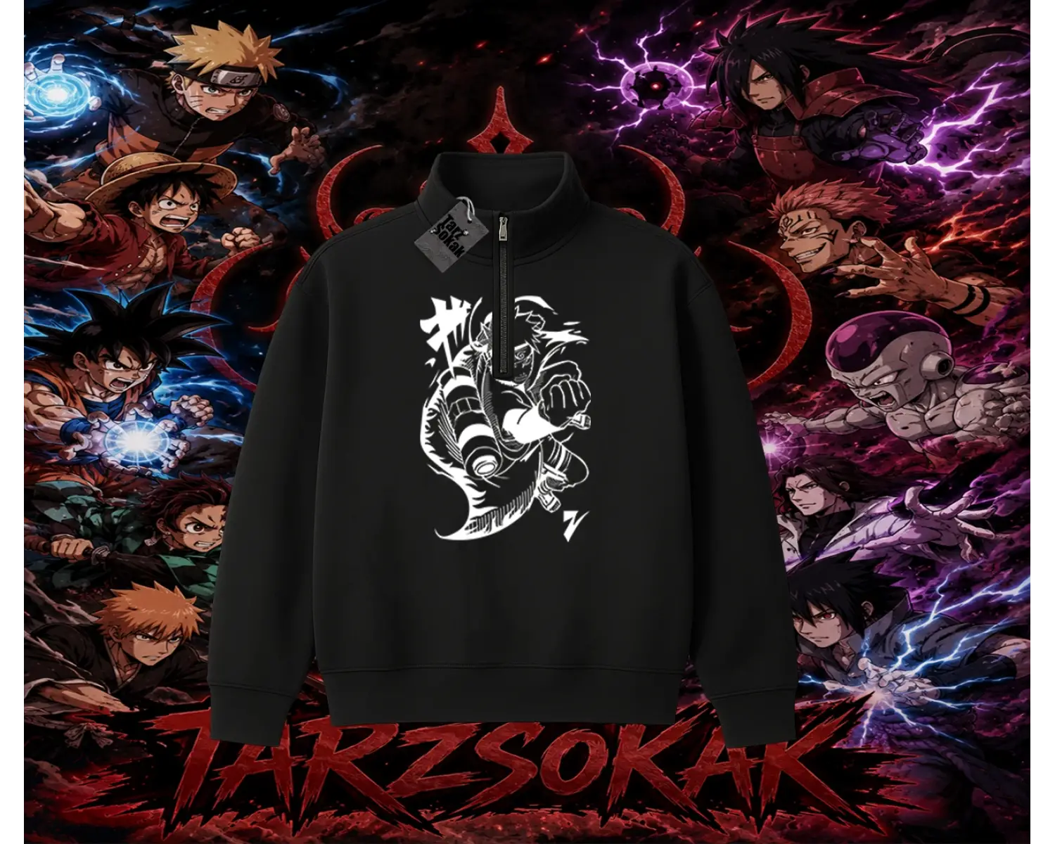 Naruto Uzumaki Premium Anime Unisex Polo Yaka Yarım Fermuarlı Sweatshirt Beyaz