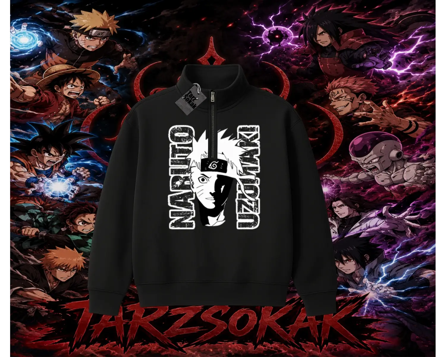 Naruto Uzumaki Premium Anime Unisex Polo Yaka Yarım Fermuarlı Sweatshirt Beyaz
