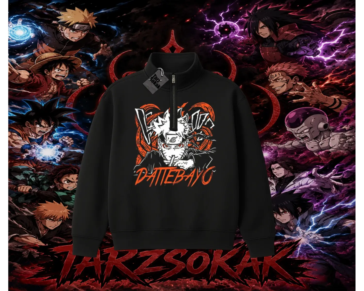 Naruto Uzumaki Premium Anime Unisex Polo Yaka Yarım Fermuarlı Sweatshirt Beyaz