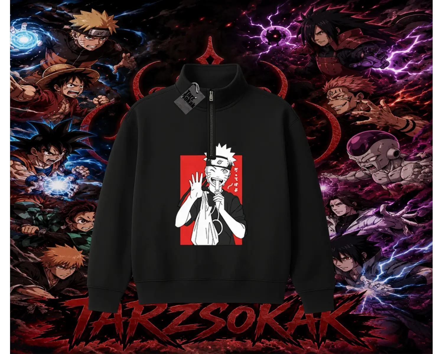 Naruto Uzumaki Premium Anime Unisex Polo Yaka Yarım Fermuarlı Sweatshirt Beyaz