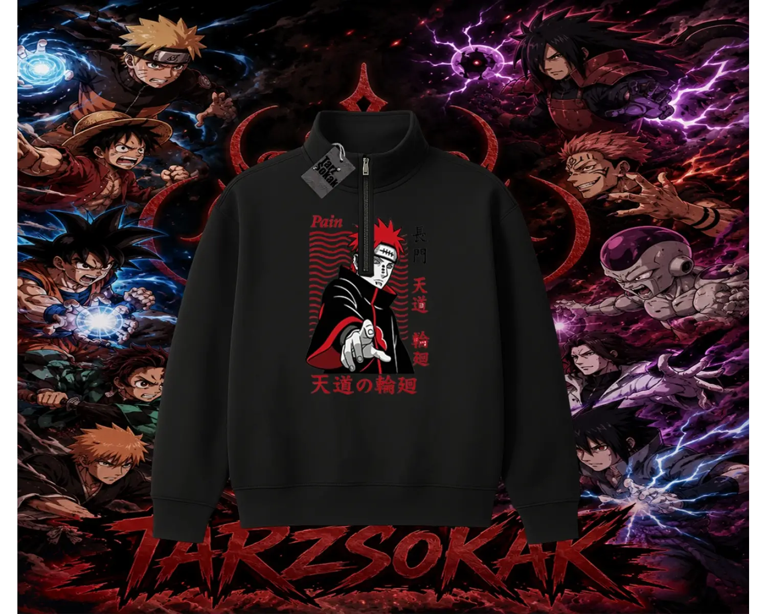 Naruto Uzumaki Premium Anime Unisex Polo Yaka Yarım Fermuarlı Sweatshirt Beyaz