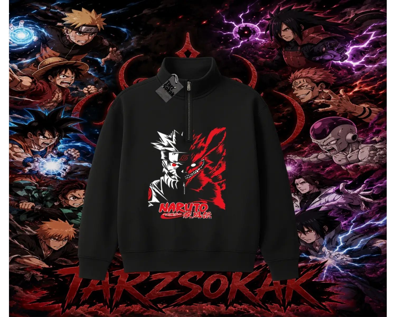 Naruto Uzumaki Premium Anime Unisex Polo Yaka Yarım Fermuarlı Sweatshirt Beyaz