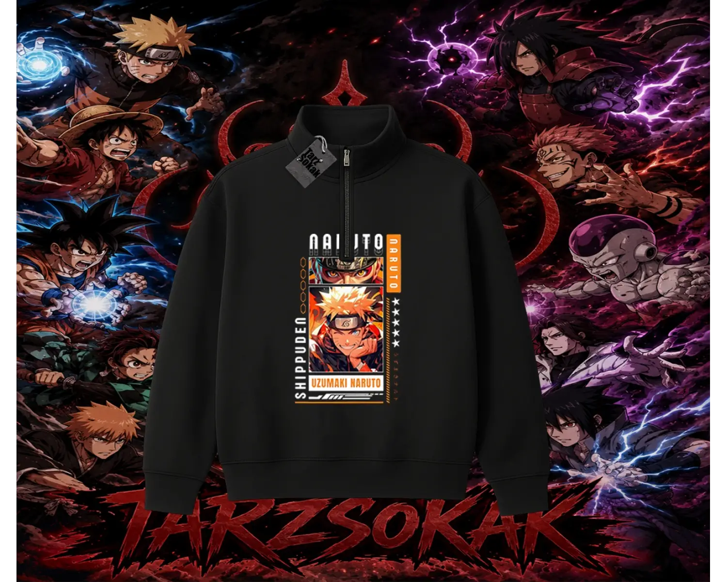 Naruto Uzumaki Premium Anime Unisex Polo Yaka Yarım Fermuarlı Sweatshirt Beyaz