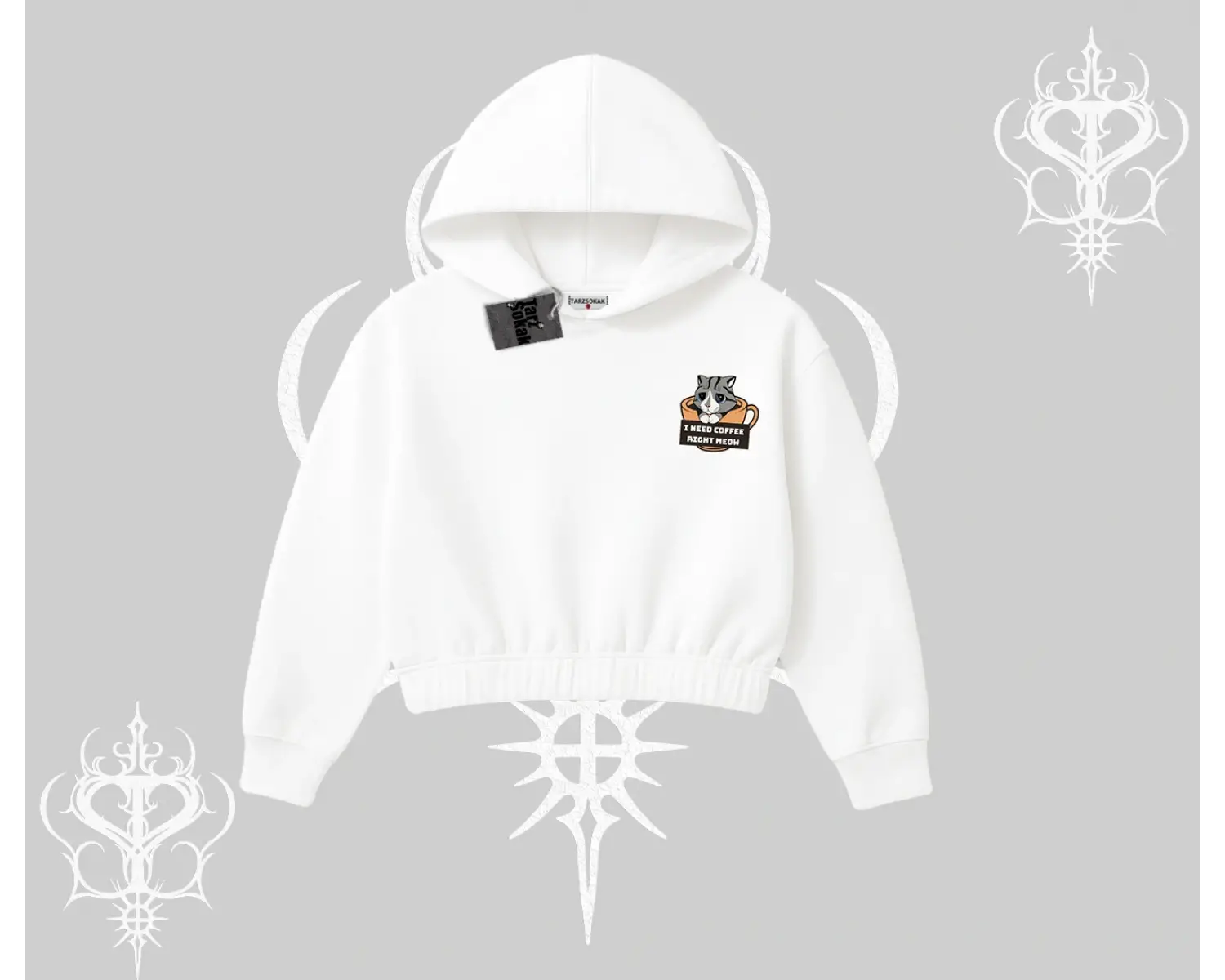 Need Coffee Right Meow Yazılı Kedi Baskılı Kapşonlu Crop Sweatshirt