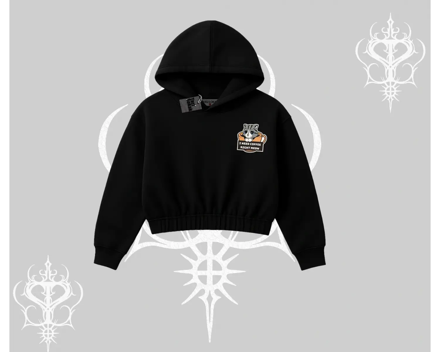 Need Coffee Right Meow Yazılı Kedi Baskılı Kapşonlu Crop Sweatshirt