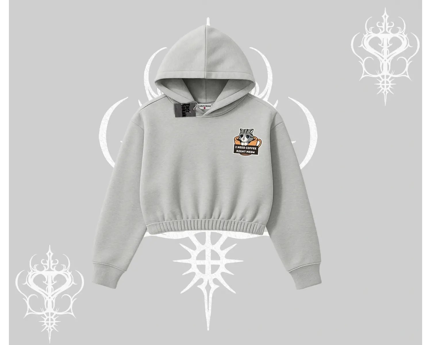 Need Coffee Right Meow Yazılı Kedi Baskılı Kapşonlu Crop Sweatshirt