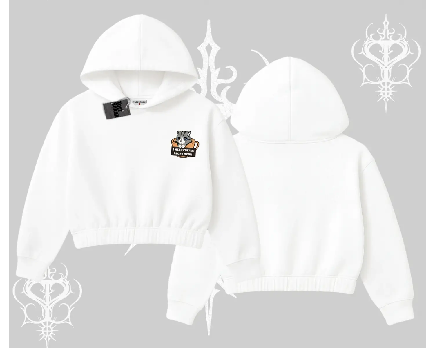 Need Coffee Right Meow Yazılı Kedi Baskılı Kapşonlu Crop Sweatshirt