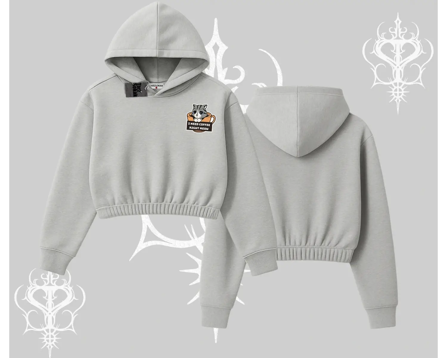 Need Coffee Right Meow Yazılı Kedi Baskılı Kapşonlu Crop Sweatshirt