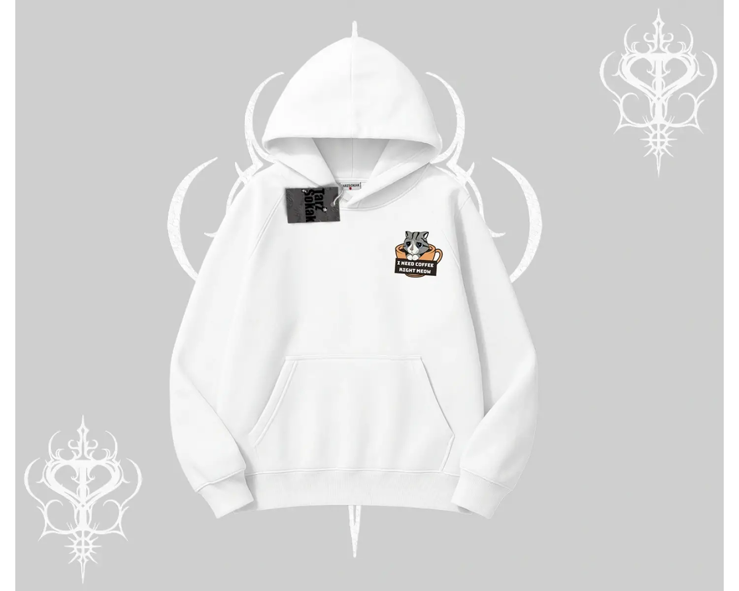 Need Coffee Right Meow Yazılı Kedi Baskılı Kapşonlu Sweatshirt