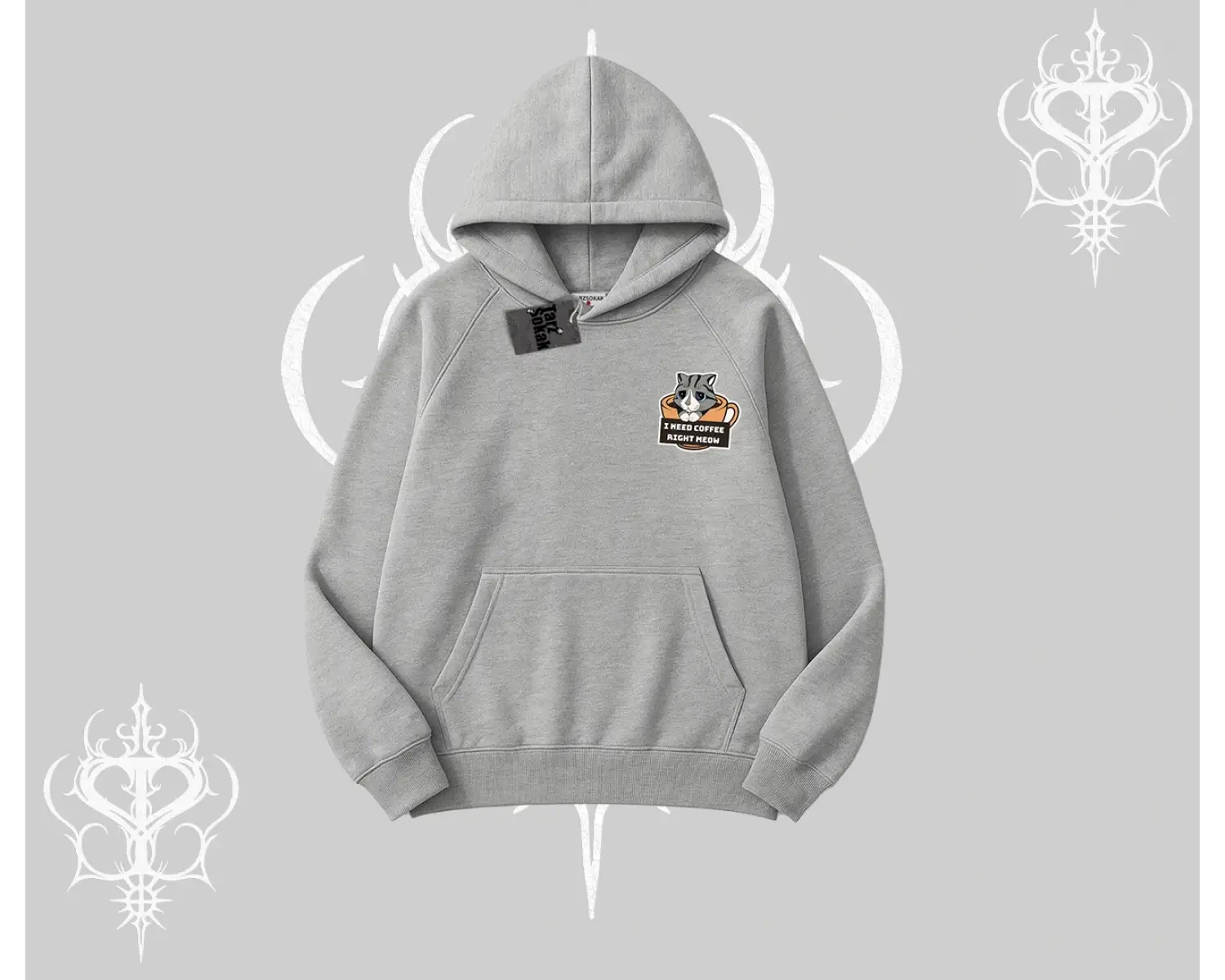 Need Coffee Right Meow Yazılı Kedi Baskılı Kapşonlu Sweatshirt