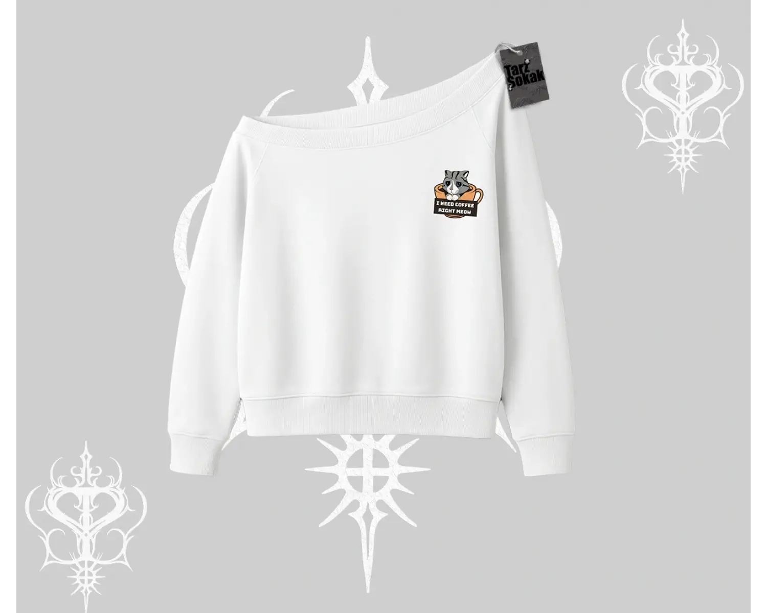 Need Coffee Right Meow Yazılı Kedi Baskılı Kayık Yaka Sweatshirt