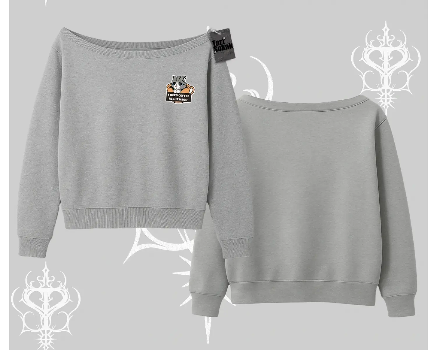 Need Coffee Right Meow Yazılı Kedi Baskılı Kayık Yaka Sweatshirt