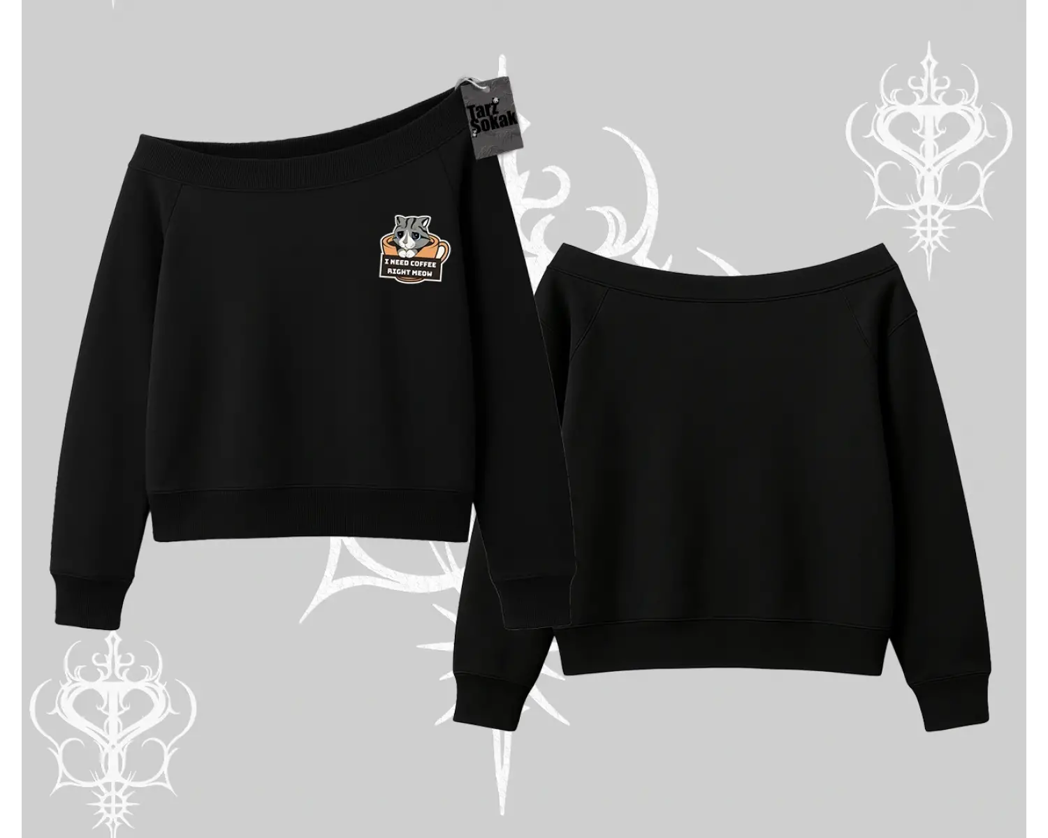Need Coffee Right Meow Yazılı Kedi Baskılı Kayık Yaka Sweatshirt