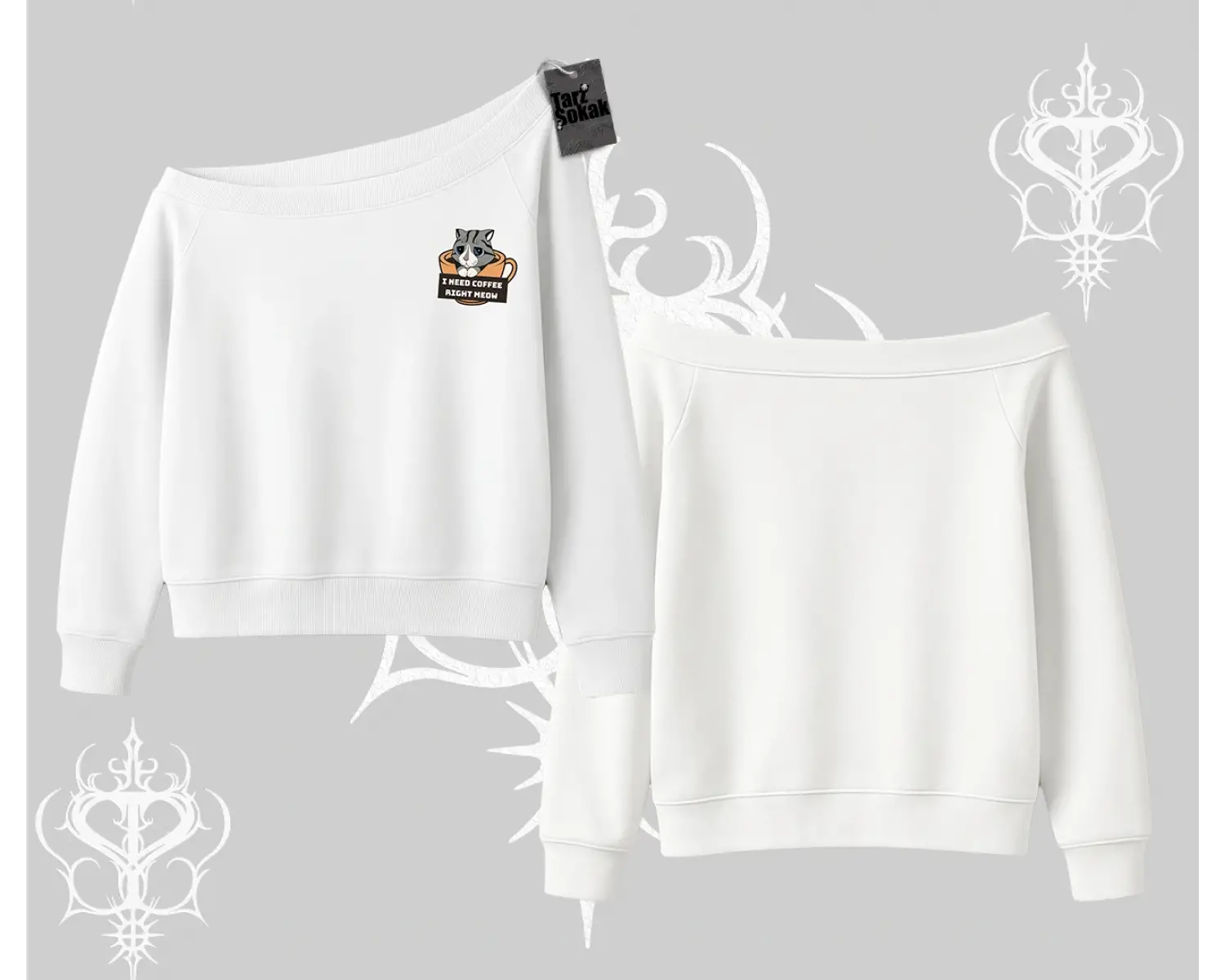 Need Coffee Right Meow Yazılı Kedi Baskılı Kayık Yaka Sweatshirt