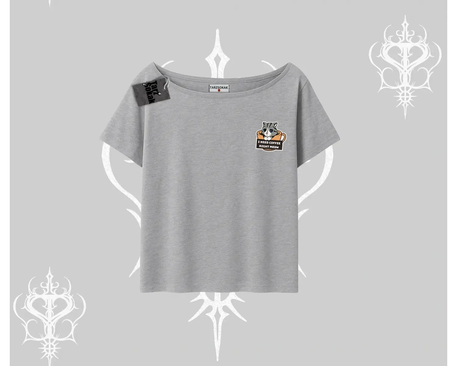 Need Coffee Right Meow Yazılı Kedi Baskılı Kayık Yaka Tshirt