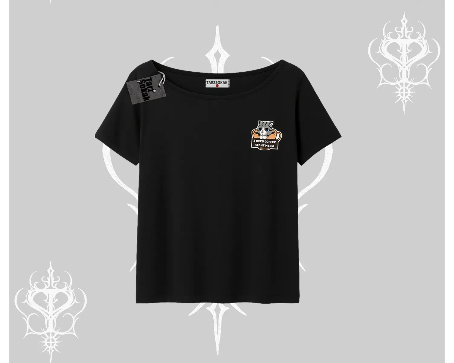 Need Coffee Right Meow Yazılı Kedi Baskılı Kayık Yaka Tshirt