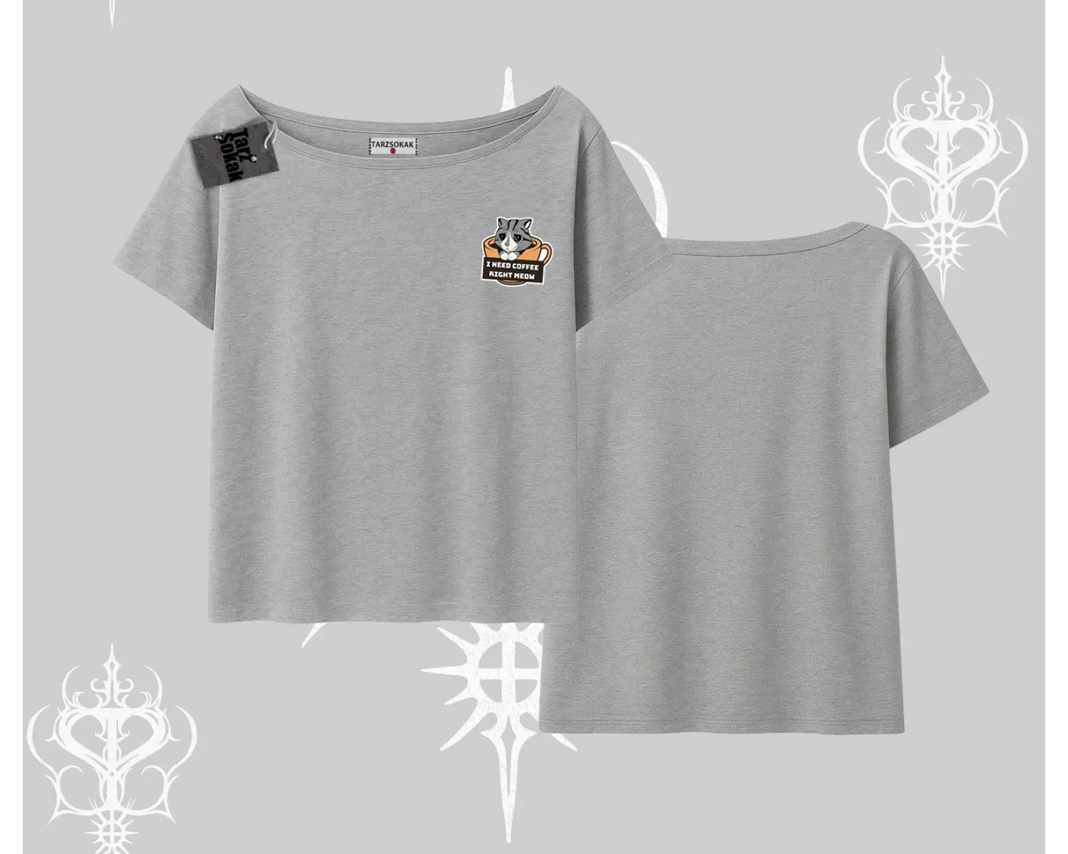 Need Coffee Right Meow Yazılı Kedi Baskılı Kayık Yaka Tshirt