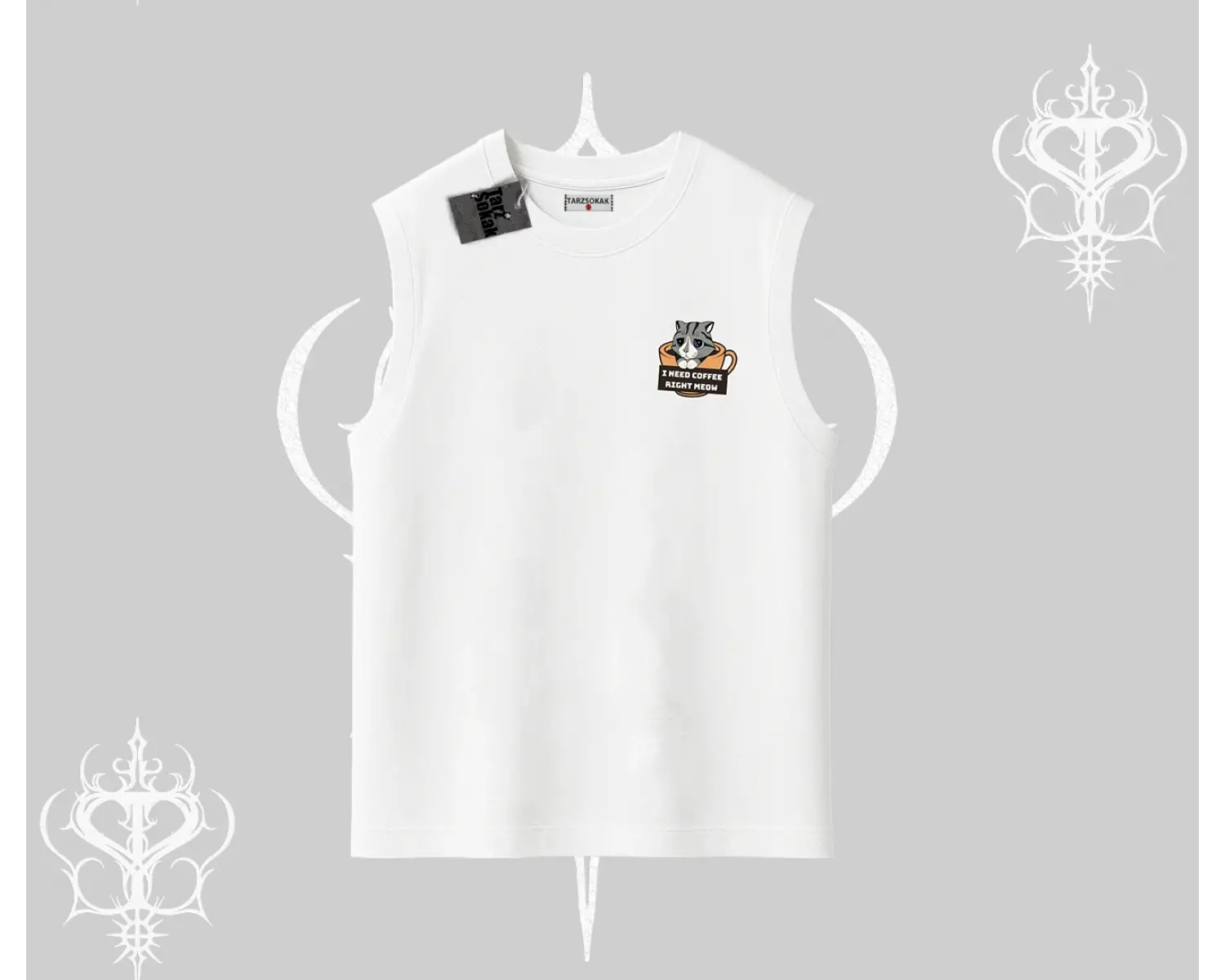 Need Coffee Right Meow Yazılı Kedi Baskılı Kolsuz Tshirt