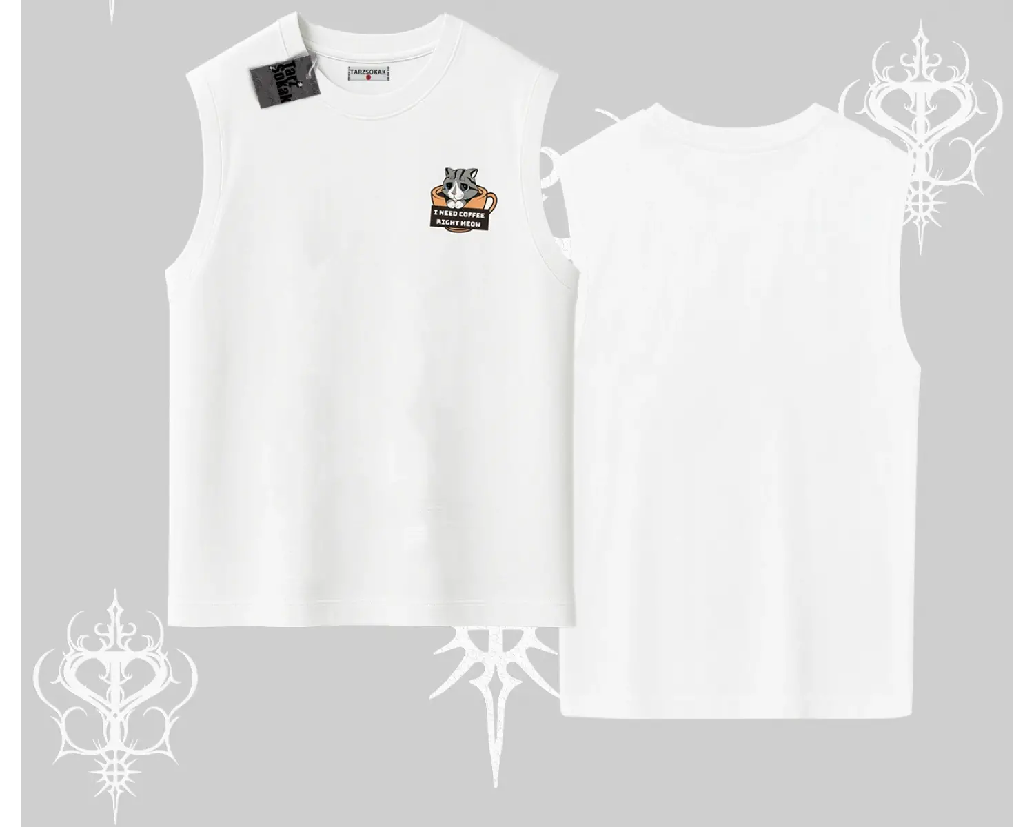 Need Coffee Right Meow Yazılı Kedi Baskılı Kolsuz Tshirt