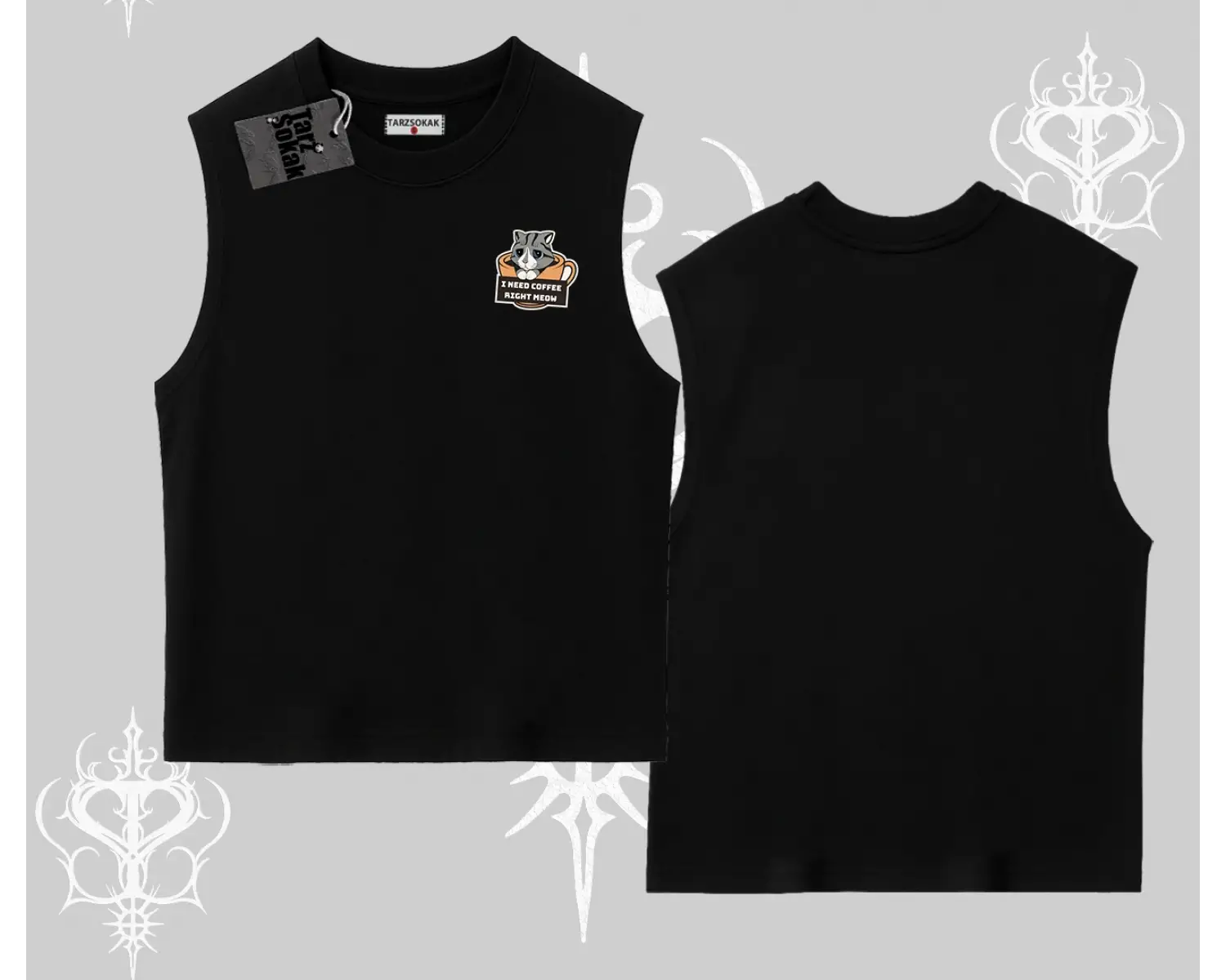 Need Coffee Right Meow Yazılı Kedi Baskılı Kolsuz Tshirt