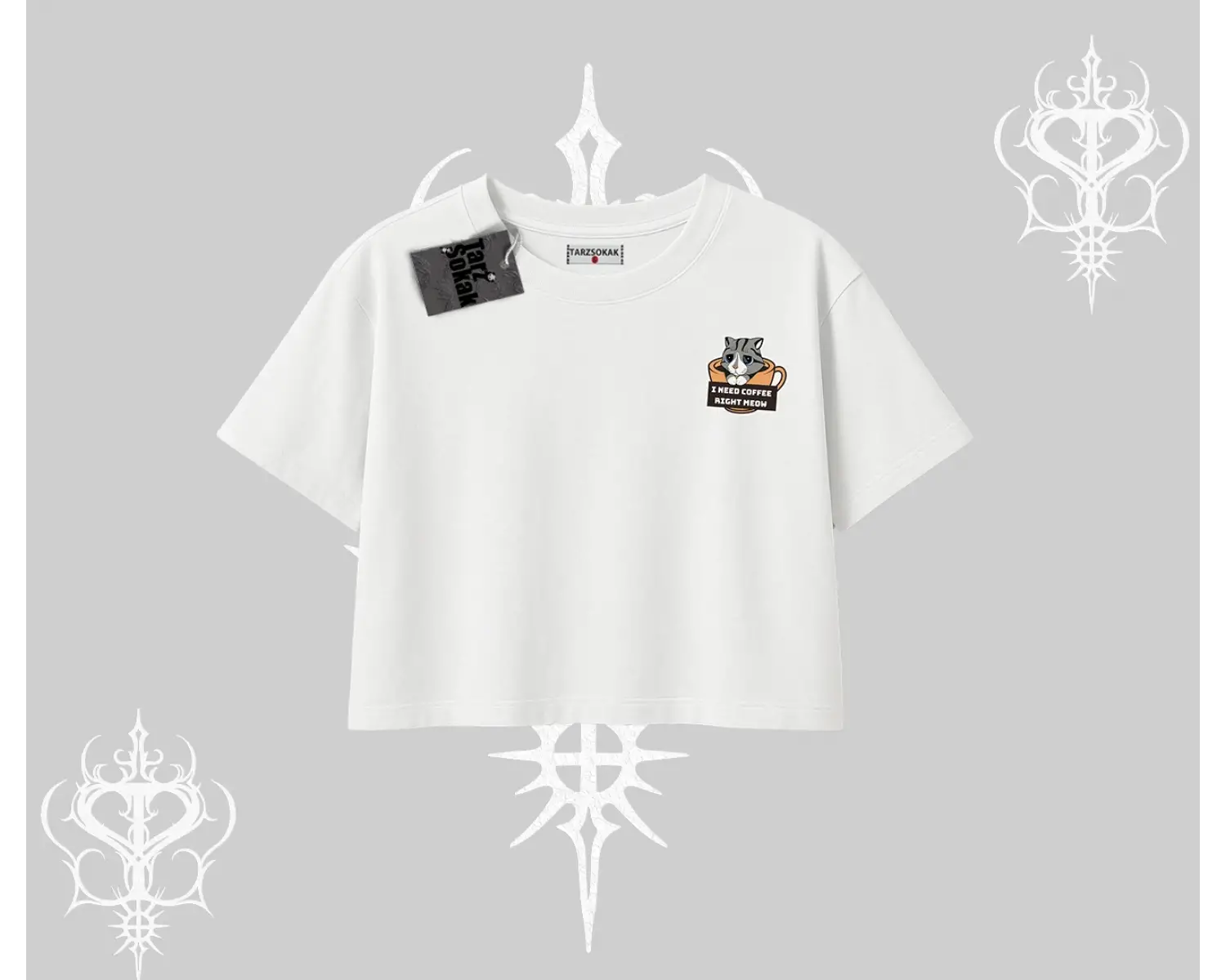 Need Coffee Right Meow Yazılı Kedi Baskılı Oversize Crop Tshirt