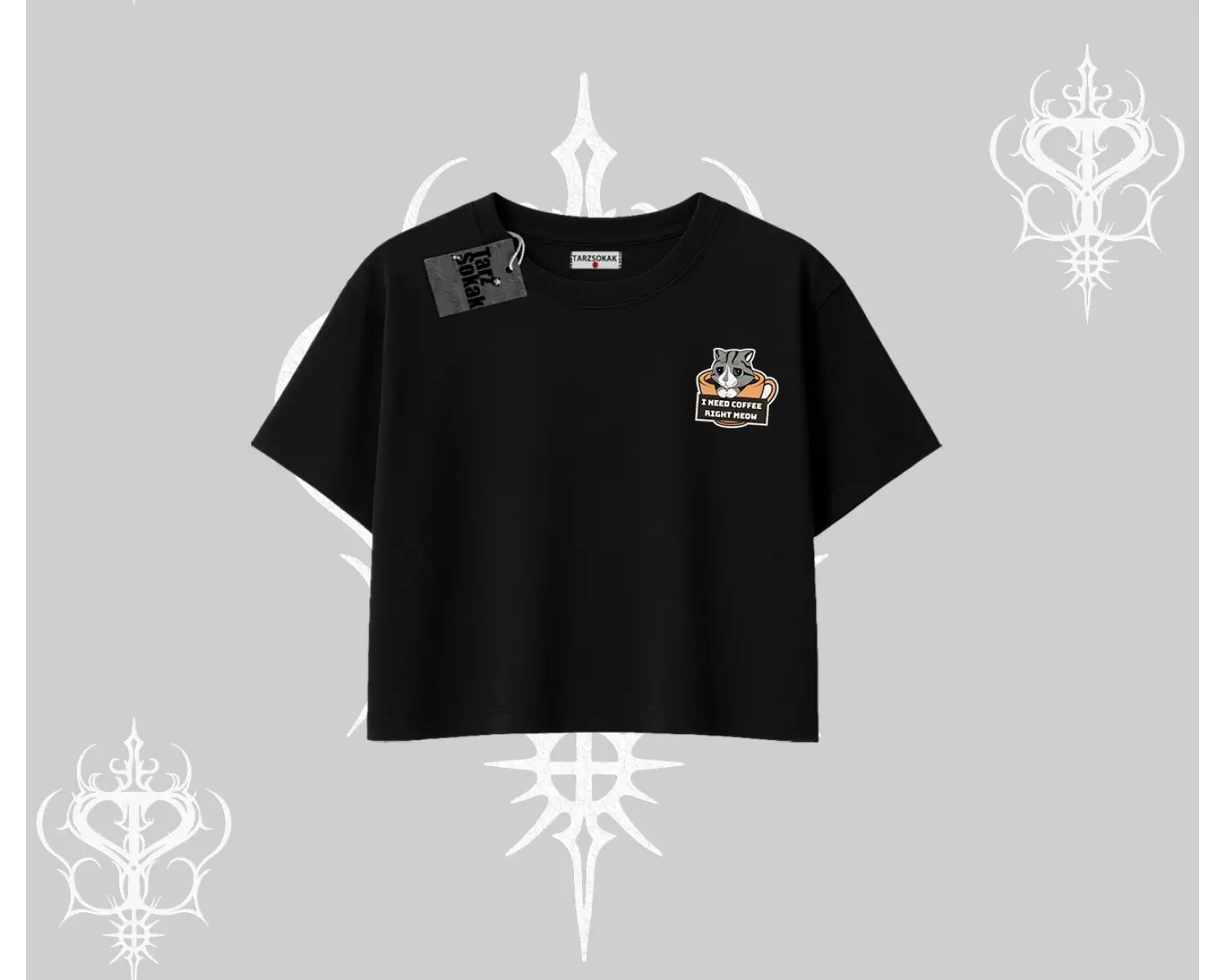 Need Coffee Right Meow Yazılı Kedi Baskılı Oversize Crop Tshirt