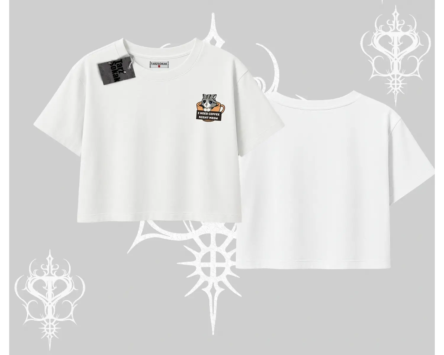 Need Coffee Right Meow Yazılı Kedi Baskılı Oversize Crop Tshirt