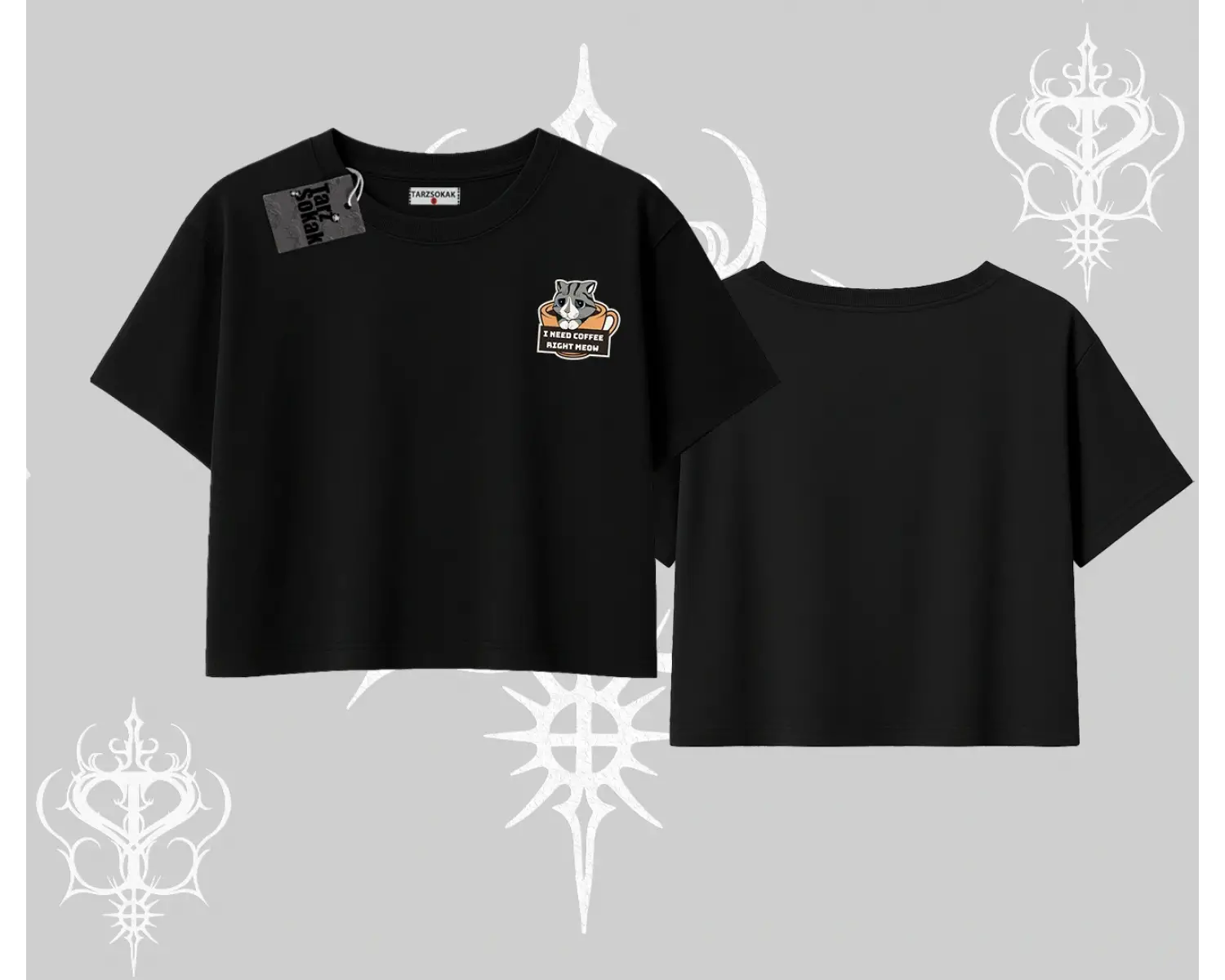 Need Coffee Right Meow Yazılı Kedi Baskılı Oversize Crop Tshirt