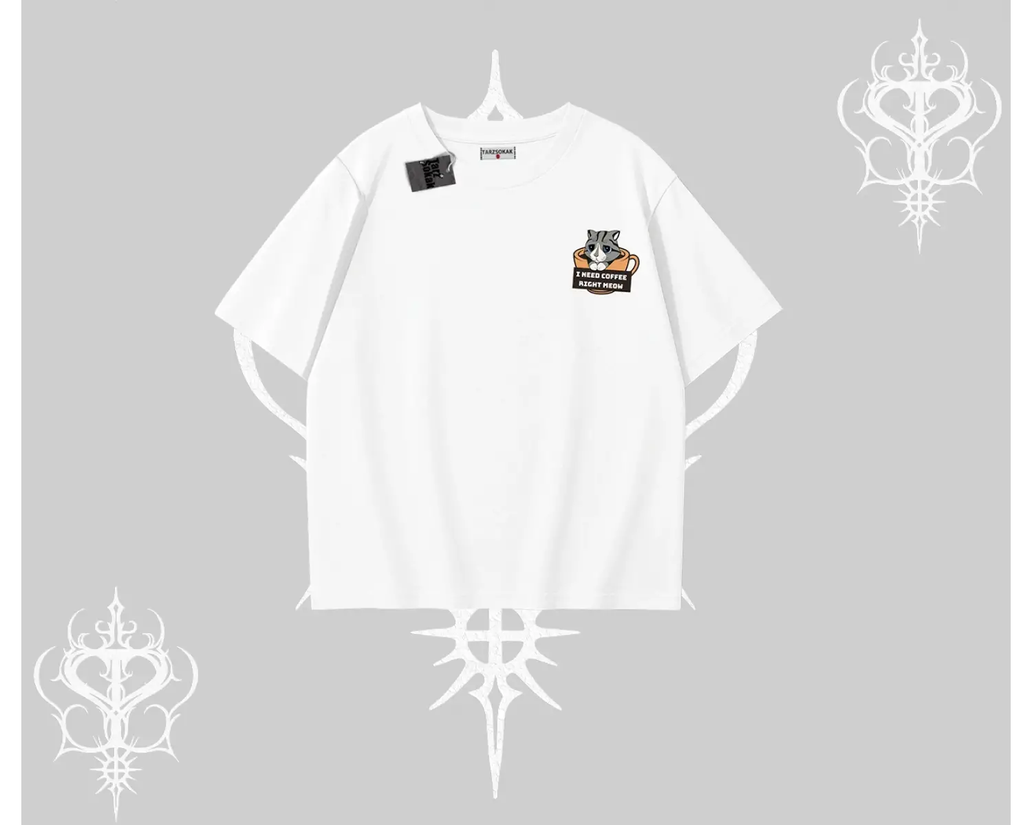 Need Coffee Right Meow Yazılı Kedi Baskılı Oversize Tshirt