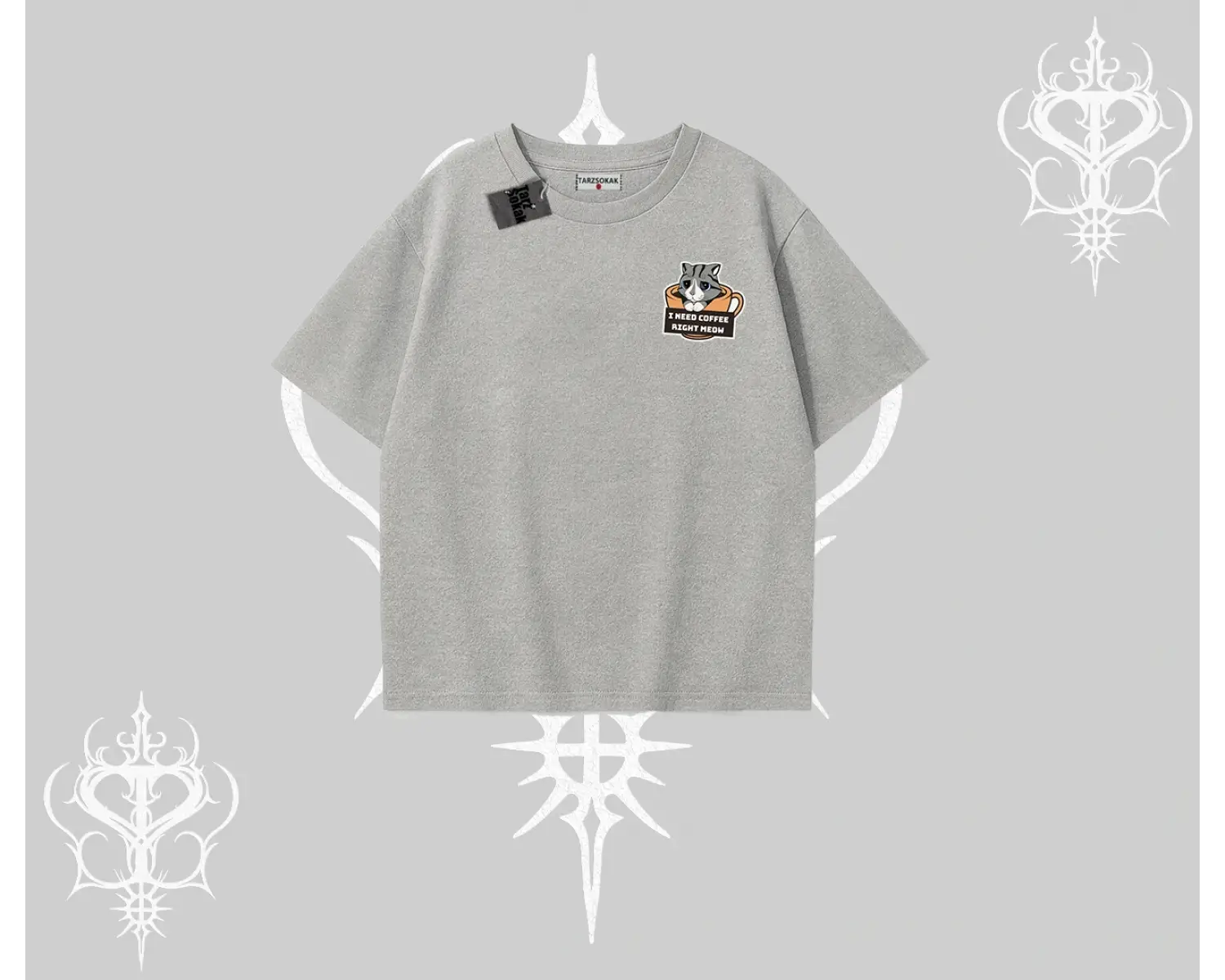 Need Coffee Right Meow Yazılı Kedi Baskılı Oversize Tshirt