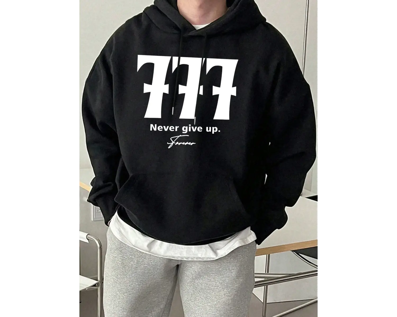 Never Give Up Number 777 Print Basics Sokak Kapüşonluları Erkekler Polar Yumuşak Sokak Giyimi