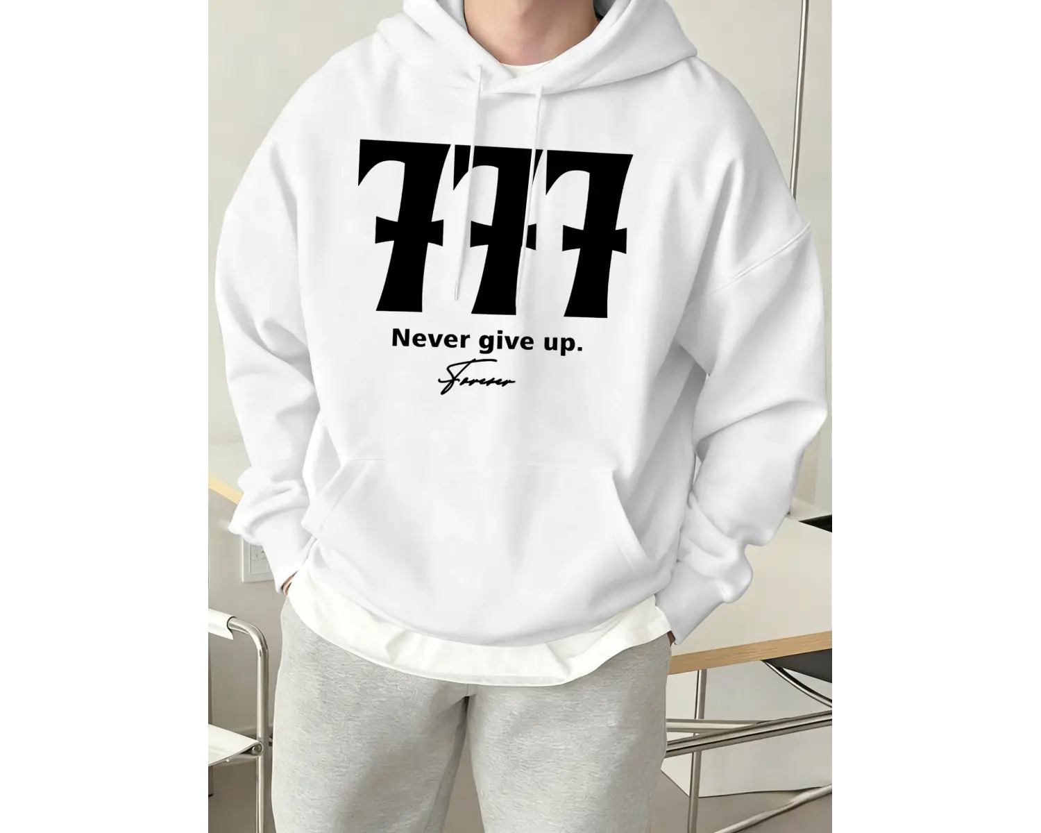 Never Give Up Number 777 Print Basics Sokak Kapüşonluları Erkekler Polar Yumuşak Sokak Giyimi