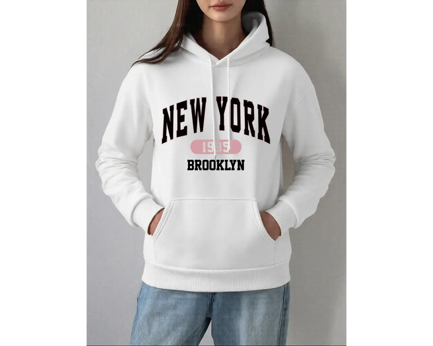 New York 1995 Brooklyn Baskılar Hoodie Kadın Kış Polar Sıcak Kazak Temelleri Cep Kazak Rahat