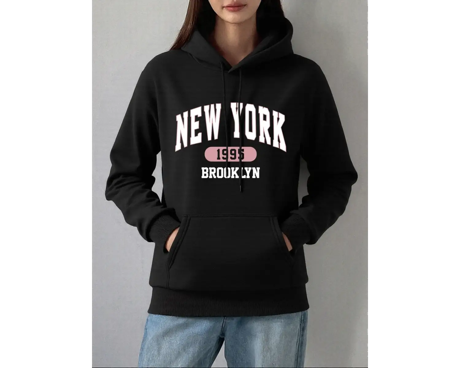 New York 1995 Brooklyn Baskılar Hoodie Kadın Kış Polar Sıcak Kazak Temelleri Cep Kazak Rahat