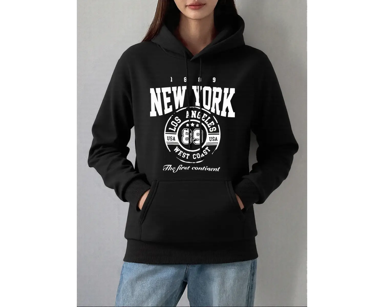 New York Batı Yakası Baskı Kapüşonlular Kadın Kış Polar Sıcak Kazaklar Temelleri Cep Tişörtü