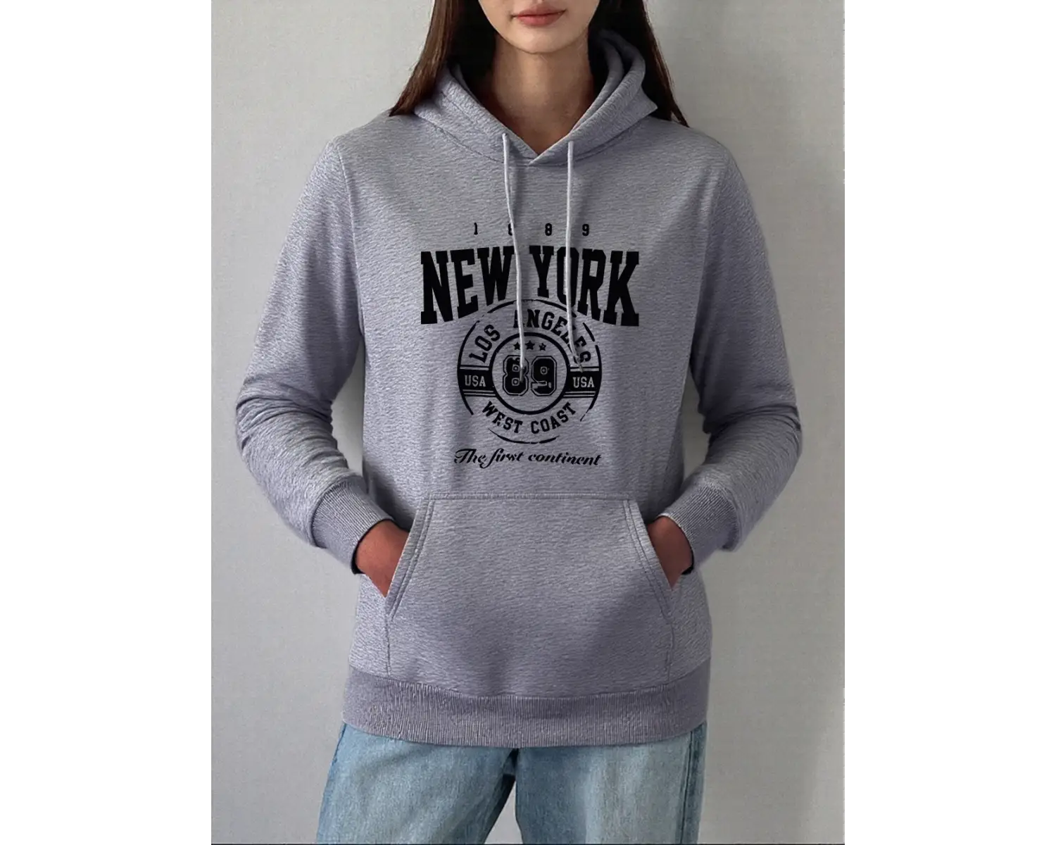 New York Batı Yakası Baskı Kapüşonlular Kadın Kış Polar Sıcak Kazaklar Temelleri Cep Tişörtü